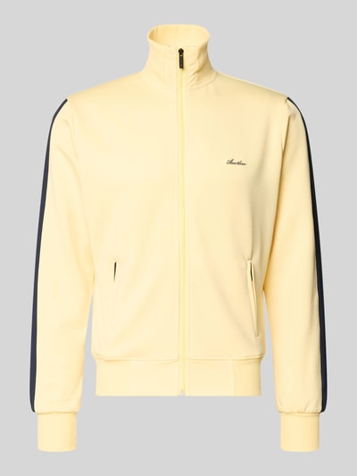 Produktfoto, Regular Fit Sweatjacke mit Logo-Detail von ANOTHER COTTON LAB in Gelb mit schwarzen Ärmeln, Stehkragen, Reißverschlusstaschen, elastischer Material-Mix