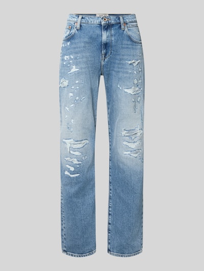 Produktfoto, Straight Fit Jeans im Destroyed-Look Modell 'AIDEEN' von Replay im hellblauem Baumwoll-Elasthan-Mix, deutliche Abriebstellen.