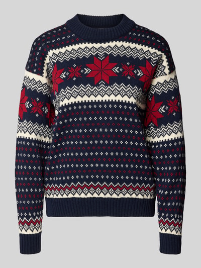 Produktfoto, Regular Fit Pullover aus reiner Lanawolle von Dale of Norway in Dunkelblau mit roten und weißen Norwegermustern, Strick-Optik, Rundhalsausschnitt, Damenschnitt