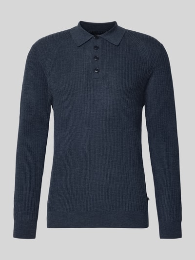 Produktfoto, dunkelblaues Slim Fit Polo-Shirt aus reiner Wolle Modell 'Kerone' von Matinique, Polokragen, langärmelig, strukturierte Oberfläche