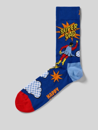 Produktfoto, Skarpety z mieszanki bawełny i elastanu model 'FLYING SUPER DAD' od Happy Socks, niebiesko-czerwone, nadruk superbohatera, detale z logo