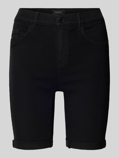 Produktfoto, schwarze Slim Fit Jeansshorts mit fixiertem Umschlag Modell 'RAIN' von Only in Denim-Optik, 5-Pocket-Design, Viskose-Mix