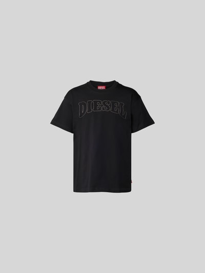 Produktfoto, T-Shirt mit Label-Stitching von Diesel in Schwarz, reine Baumwolle, Regular-Fit, gerippter Rundhalsausschnitt, 71 cm Rückenlänge in Größe M