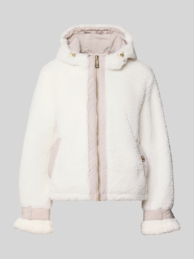Produktfoto, Regular Fit Jacke aus Teddyfell Modell 'Giaccone' von Liu Jo, cremefarben mit Kapuze und Reißverschluss, Kontrastdetails. Damen Jacke aus Teddyfell, Eingrifftaschen, Länge 56 cm, Schulterbreite 48 cm, Brustweite 53 cm, Ärmellänge 64 cm.