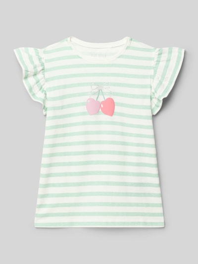 Produktfoto, T-Shirt mit Schmetterlingsärmeln und Motiv-Print von Blue Seven, grüne und weiße Streifen, reine Baumwolle, gerader Schnitt, Rundhalsausschnitt, Print mit zwei Kirschen, Rückenlänge bei Größe 116 circa 45 cm.
