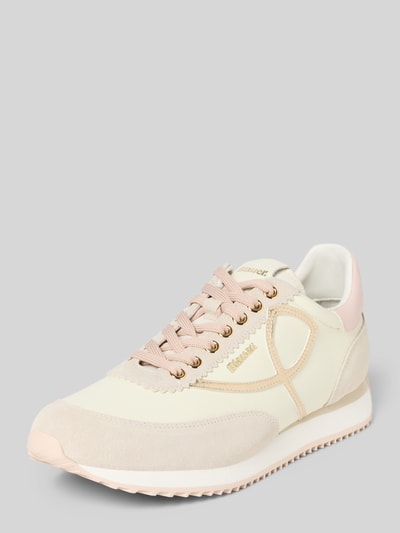 Produktfoto, Sneaker aus Leder-Mix Modell 'Lorain' von Blauer USA, dames sneakers met afgeronde pasvorm, leermix, logodetail, vetersluiting, geprofileerde zool, hakhoogte maat 40: 3 cm, schachthoogte 9 cm, schachtbreedte 8 cm, lichte kleuren, zachte texturen, ronde vormen