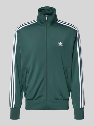 Produktfoto, Regular Fit Sweatjacke mit Stehkragen Modell 'Bird' van adidas Originals in donkergroen, elastische materiaalmix, logostitching, steekzakken met ritssluiting, ritssluiting, elastische boorden, Heren sweatjack, ruglengte 72 cm, mouwlengte 66 cm, maat M.