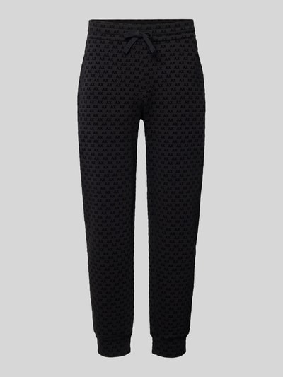 Produktfoto, Sweatpants im Allover-Look mit Logo-Muster Modell 'PANTALONI' von Armani Exchange in Schwarz, Baumwoll-Mix, elastischer Bund, Tunnelzug, Regular Fit