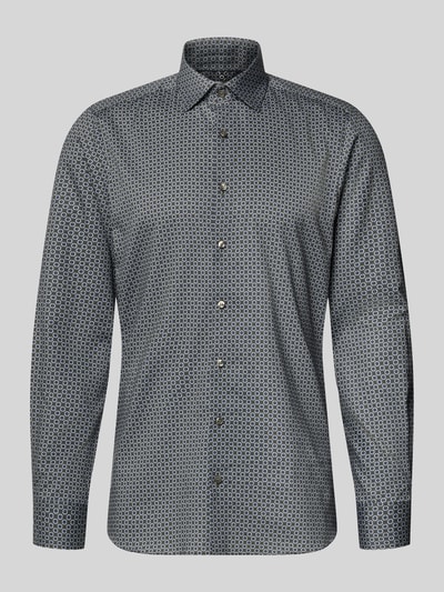 Produktfoto, Slim Fit Businesshemd aus Baumwolle mit Kentkragen von OLYMP Level Five, schmal geschnitten, Knopfleiste, feines Muster, Rückenlänge 80 cm, Schulterbreite 44 cm, Ärmellänge 68 cm.