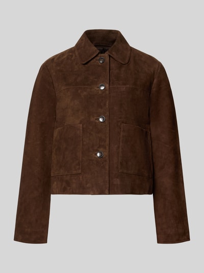 Produktfoto, Lederjacke aus Ziegenvelours mit Eingrifftaschen von Christian Berg Woman Selectio, braunes Echtleder, glatte Struktur, gerade geschnitten, Kentkragen, sichtbare Knopfleiste, seitliche Taschen