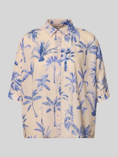 Produktfoto, Relaxed Fit Bluse im Allover-Look von Emily Van den Bergh in Beige mit blauem Palmenmuster, Reine Baumwolle, Hemdblusenkragen