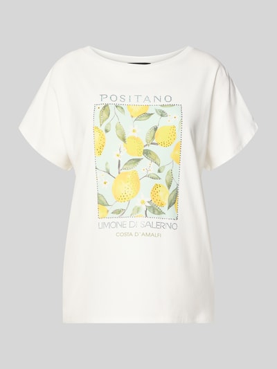 Produktfoto, T-Shirt mit Motiv-Print und Ziersteinbesatz von Oui, damski t-shirt, mieszanka bawełny i modalu, krój regular fit, nadruk z motywem, obszycie ozdobnymi kamieniami, okrągły dekolt, długość tyłu w rozmiarze 36: 59 cm
