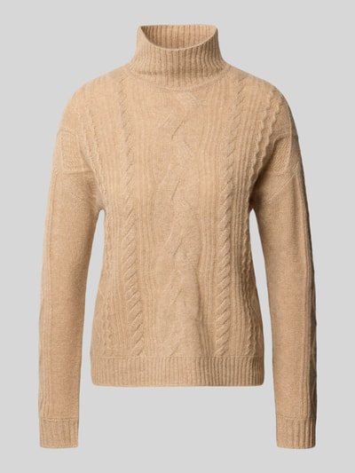 Productfoto, pullover van kasjmier met kabelpatroon van Christian Berg Woman in beige, recht model, opstaande kraag, ribboorden, ruglengte maat S 57 cm, mouwlengte maat S 64 cm