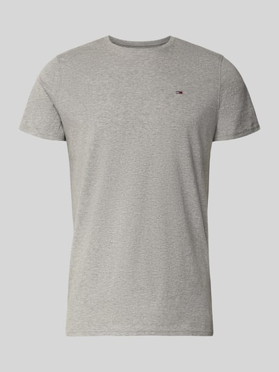 Produktfoto, T-shirt in Melange-Optik von Tommy Jeans, męski t-shirt z bawełny, prosty krój, okrągły dekolt, wyhaftowane logo, długość tyłu 68 cm, rozmiar M.