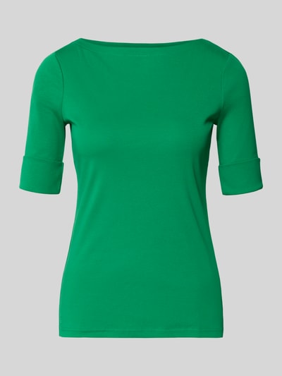 Produktfoto, T-Shirt mit geripptem U-Boot-Ausschnitt Modell 'JUDY' von Lauren Ralph Lauren, Damen T-Shirt aus Baumwoll-Elasthan-Mix, Slim Fit, grün, Rückenlänge in Größe S 58 cm, glatte Textur, klare Linien.