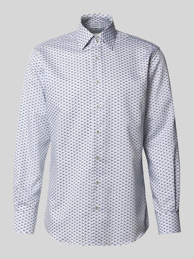 Produktfoto, Regular Fit Business-Hemd mit Kentkragen von ETERNA, reine Baumwolle, Allover-Muster in Blau und Weiß, glatte Textur.