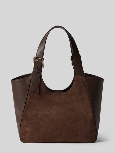 Produktfoto, Tote Bag aus echtem Leder Modell 'Dora' von FURLA in Dunkelbraun, glatte und samtige Textur, goldfarbene Schnallen, rechteckige Form, Hauptfach mit Magnetverschluss, verstellbare Schulterriemen, Innenfach mit Reißverschluss, Maße: 41x29x12 cm, Schulterriemenlänge 52 cm