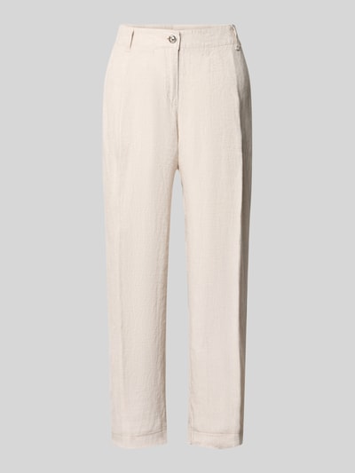Produktfoto, Culotte aus Leinen mit Eingrifftaschen Modell 'Nora' von MAC in Beige, Wide-Leg-Fit, Knopf-Reißverschluss, Label-Detail, reine Leinen-Textur, Bundweite 44 cm, Innenbeinlänge 67 cm, Größe 36.