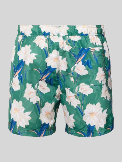 Produktfoto, Badeshorts mit Allover-Muster Modell 'IRIS' von BOSS in Grün mit floralem Muster, elastischer Bund, Cargotaschen, Label Print