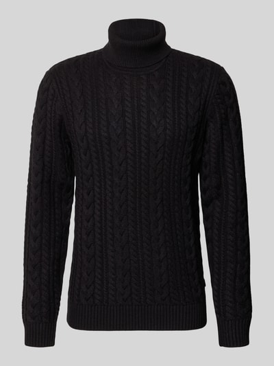 Produktfoto, Slim Fit Strickpullover mit Baumwoll-Anteil Modell 'Callum' von JACK & JONES, schwarz, Zopfmuster, gerippte Abschlüsse, Material-Mix