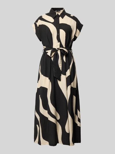 Produktfoto, Hemdblusenkleid mit Bindegürtel Modell 'NIKITA' von Mango, Viskose-Mix, Taillierter Schnitt, Midikleid, schwarz-beige Muster, Hemdblusenkragen, Knopfleiste, Ärmel mit fixiertem Aufschlag, strukturierte Oberfläche.