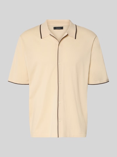 Produktfoto, Regular Fit Freizeithemd in Strick-Optik Modell 'Apolo' von Matinique in Beige mit braunen Kontrastnähten, Baumwoll-Mix, Kurzarm, Umlegekragen