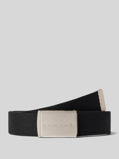 Productfoto, zwarte kinderriem van Jack & Jones met metalen klemgesp, logo-reliëf, model 'LONDON', 4 cm breed, katoenstructuur