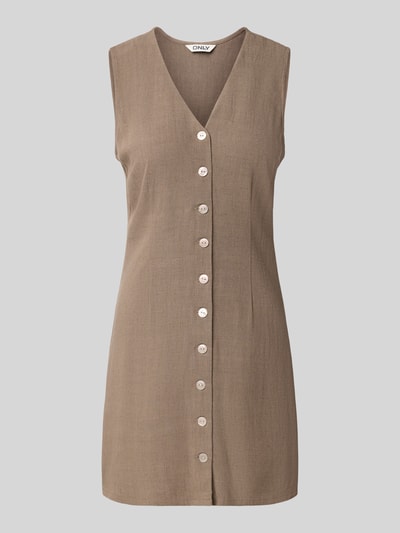 Produktfoto, Tailliertes Freizeitkleid aus Viskose-Leinen-Mix Modell 'SIESTA' von Only, Optik: Unifarben, Passform: Tailliert, Mini-Länge, V-Ausschnitt, Knopfleiste, Ärmelform: Ohne, Materialverarbeitung: Flammgarn