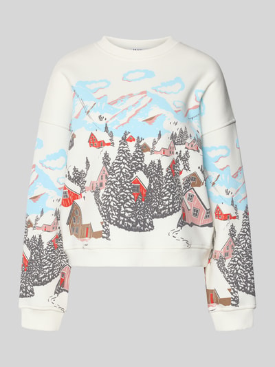 Produktfoto, Oversized Sweatshirt mit gerippten Abschlüssen von Jake*s Casual aus Baumwoll-Mix mit Winterdorf-Muster in Weiß, Rosa und Blau.