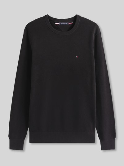 Produktfoto, Regular Fit Strickpullover aus reiner Baumwolle von Tommy Hilfiger in Schwarz, Strukturmuster, Rundhals, Langarm, gerippte Abschlüsse