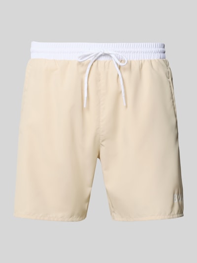 Produktfoto, helle Regular Fit Badehose mit Logo-Print Modell 'STARFISH' von BOSS für Herren, glatte Struktur, weiße Kordel, neutrale Farben