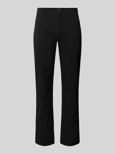 Produktfoto, Tapered Fit Hose mit Gesäßtaschen von MCNEAL in Schwarz, glatte Oberfläche, Eingrifftaschen, Knopf- und Reißverschluss, Bundweite bei Größe M 45 cm, Innenbeinlänge bei Größe M 80 cm.
