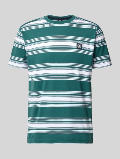 Produktfoto, T-Shirt mit Label-Patch und Rundhalsausschnitt von Lerros, grün-weiß gestreift, Reine Baumwolle, Regular-Fit, Rückenlänge 72 cm, Größe M