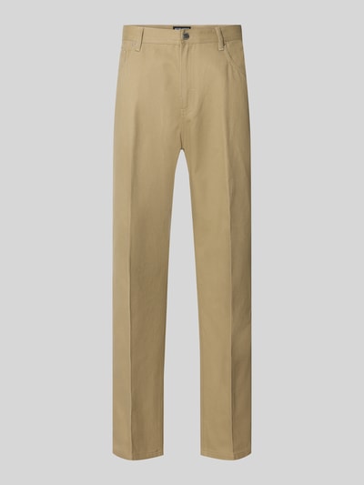 Produktfoto, Relaxed Fit Stoffhose aus reiner Baumwolle Modell 'BEN' von Antony Morato in Beige, 5-Pocket-Design, Kontext: Bundfalten, Knopf- und Reißverschluss, Bundweite 50 cm, Innenbeinlänge 80 cm