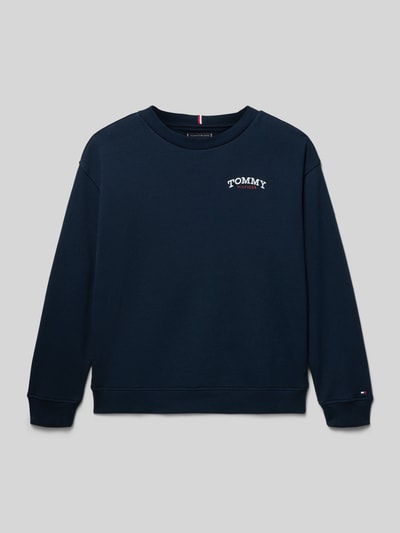 Produktfoto, Regular Fit Sweatjacke aus Baumwoll-Mix von Tommy Hilfiger Teens in Optik: Unifarben mit Label-Print, Langarm, geripptem Ärmelabschluss und Rumpfabschluss, Materialverarbeitung: Sweat, Farbe Dunkelblau