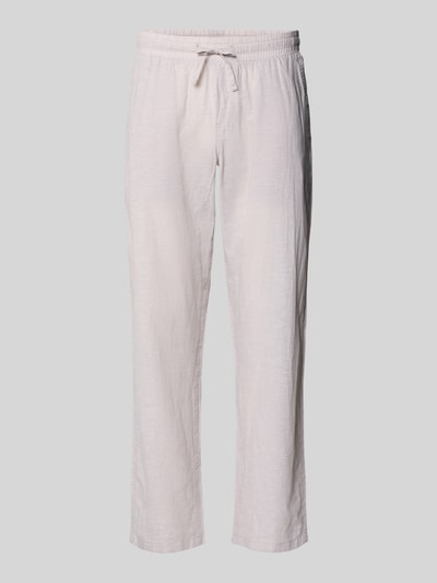 Produktfoto, spodnie z mieszanki bawełny i lnu model 'KANE' od Jack & Jones w kolorze jasnym, krój regular fit, elastyczny pas, szerokość w rozmiarze M 41 cm, długość wewnętrzna nogawki w rozmiarze M 81 cm