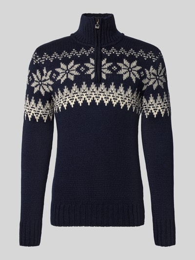Produktfoto, Slim Fit Pullover aus wolmix Model 'Myking' van Dale of Norway, donkerblauw met wit Noors patroon, schipperskraag, Ruglengte bij maat M: 72 cm, Mouwlengte bij maat M: 69 cm