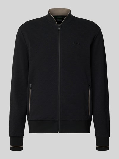 Produktfoto, Regular Fit Sweatjacke aus Baumwoll-Mix Modell 'SW_Revival Skarley' von BOSS Green in Schwarz mit dezentem Muster und Reißverschlusstaschen.