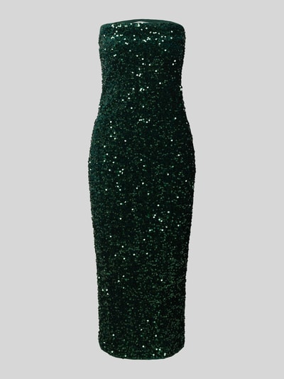 Produktfoto, Knielanges Kleid mit Allover-Pailettenbesatz von Apricot in dunklem Grün, Slim Fit, schulterfrei, feine Glitzertextur, knielang