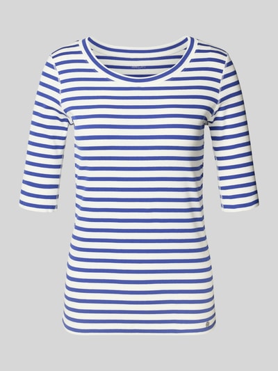 Produktfoto, T-Shirt mit Rundhalsausschnitt und 1/2-Arm von Marc Cain, blau-weiß gestreift, aus Baumwoll-Elasthan-Mix, Regular-Fit, Rückenlänge bei Größe 36: 58 cm
