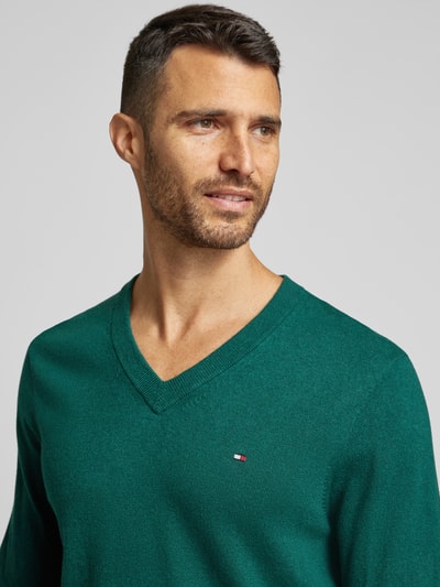 Tommy Hilfiger Gebreide pullover met logostitching, model 'PIMA' Flessengroen - 3