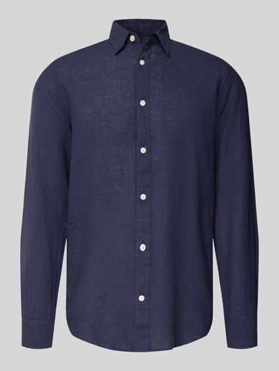 Produktfoto, Slim Fit Freizeithemd aus Baumwoll-Leinen-Mix Modell 'CAIDENLS SOLID' von Only & Sons, Optik: Unifarben, Struktur Flammgarn, Knopfleiste durchgehend, Kentkragen, Farbe Dunkelblau.