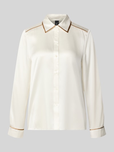 Produktfoto, Regular Fit Seidenbluse mit Kontraststreifen van Marc Cain, dames blouse van zuiver zijde in crème met bruine contraststrepen, overhemdkraag, knoopsluiting, ruglengte maat 36: 63 cm, mouwlengte maat 36: 63 cm