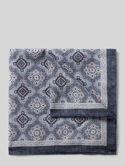 Produktfoto, Einstecktuch mit Seiden-Anteil Modell 'Ornament' von Verugia, floraler Allover-Print in Blau- und Cremetönen, rechteckige Passform, Baumwoll-Mix mit Seiden-Anteil