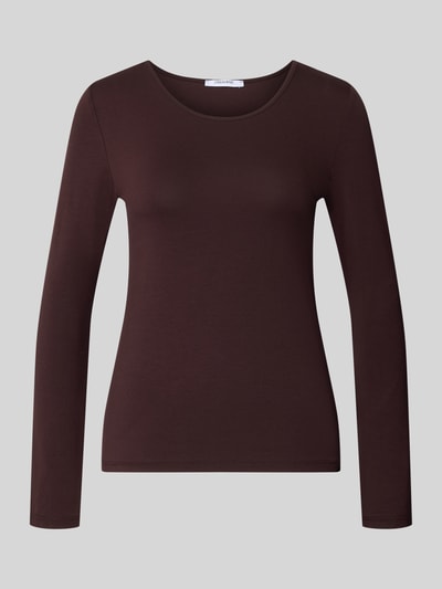 Produktfoto, Longsleeve aus Baumwoll-Mix von ZABAIONE, dunkelbraun, tailliert, Rundhalsausschnitt, glatte Textur, Damenmodell, Rückenlänge S 57 cm