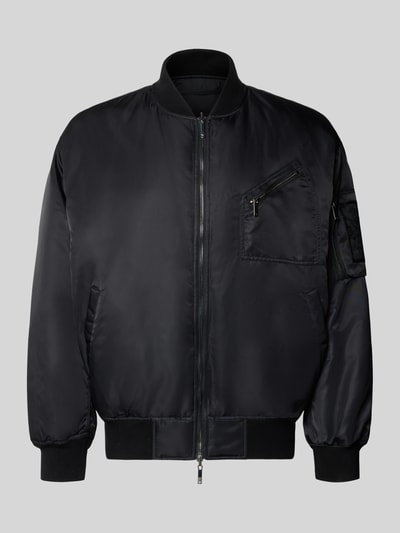 Produktfoto, Bomberjacke mit Stretch-Anteil von Emporio Armani in Schwarz, Satinoptik, gerippte Abschlüsse, Reißverschlusstaschen, lockere Passform
