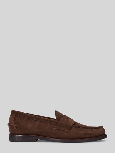Produktfoto, Loafer aus Veloursleder von Polo Ralph Lauren in Braun, unifarben, abgerundete Schuhspitze, Blockabsatz, strukturierte Sohle, echtes Leder
