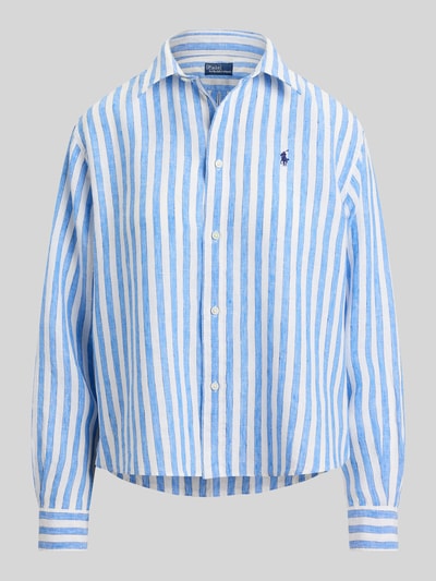 Produktfoto, Boxy Fit Hemdbluse aus reinem Leinen von Polo Ralph Lauren mit blau-weißem Allover-Streifenmuster und Logo-Stitching