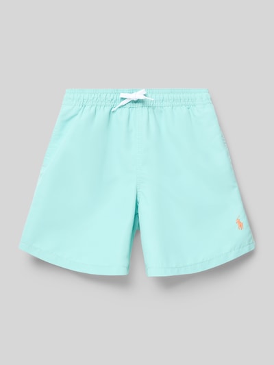 Productfoto, Regular Fit Badeshorts mit Tunnelzug van Polo Ralph Lauren Kids, effen lichtblauw, logo-stitching, label patch, elastische taille met tunnelkoord, zijzakken, achterzak met knoop, gladde textuur