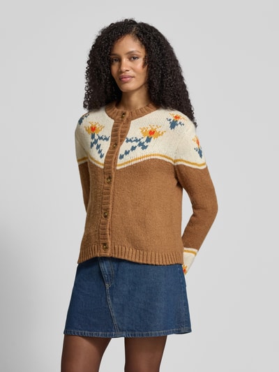 Jake*s Casual Gebreid jack in all-over look met ronde hals Middenbruin - 4